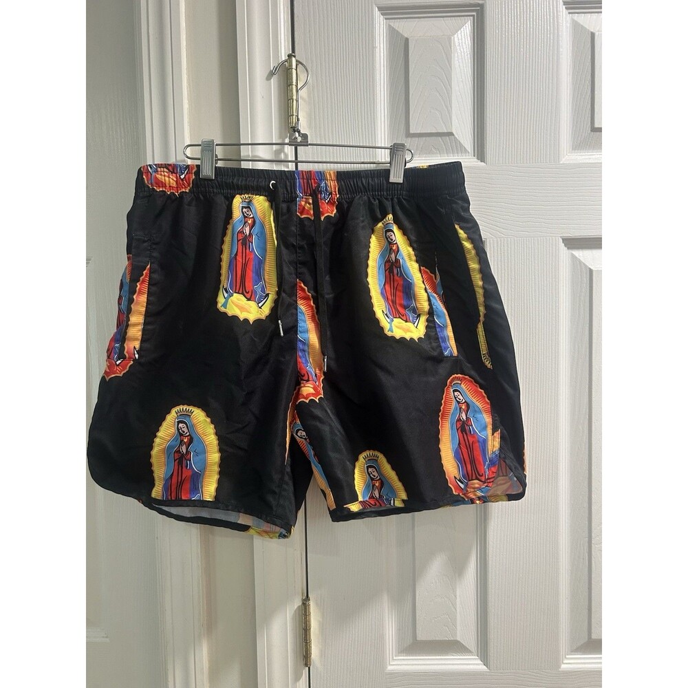 Fashion Nova Men Virgen De Guadalupe Swim Trunks Black Graphic Shorts XL